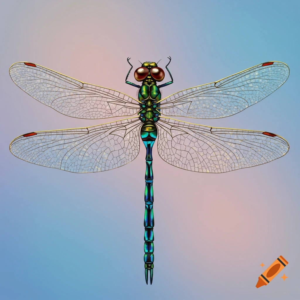 An iridescent green and blue dragonfly with detailed wings viewed from the front.