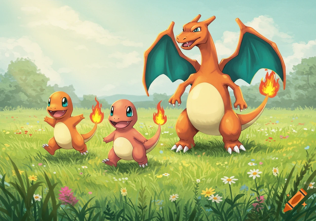 Charmander, Charmeleon, and Charizard walking through a grassy field with flowers, illustration style.