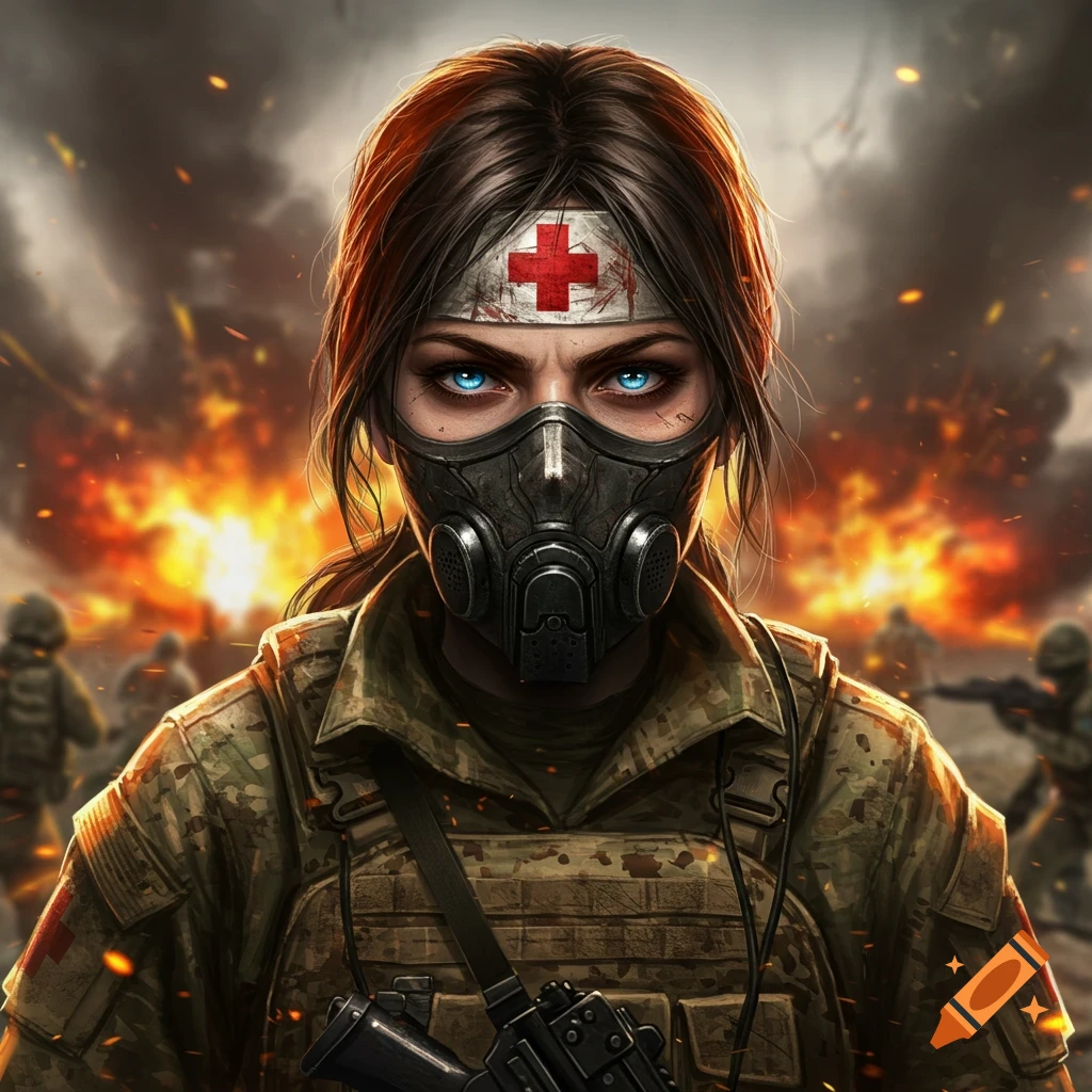 A female combat medic wearing a gas mask and red cross headband with blue eyes, set against a fiery battlefield.