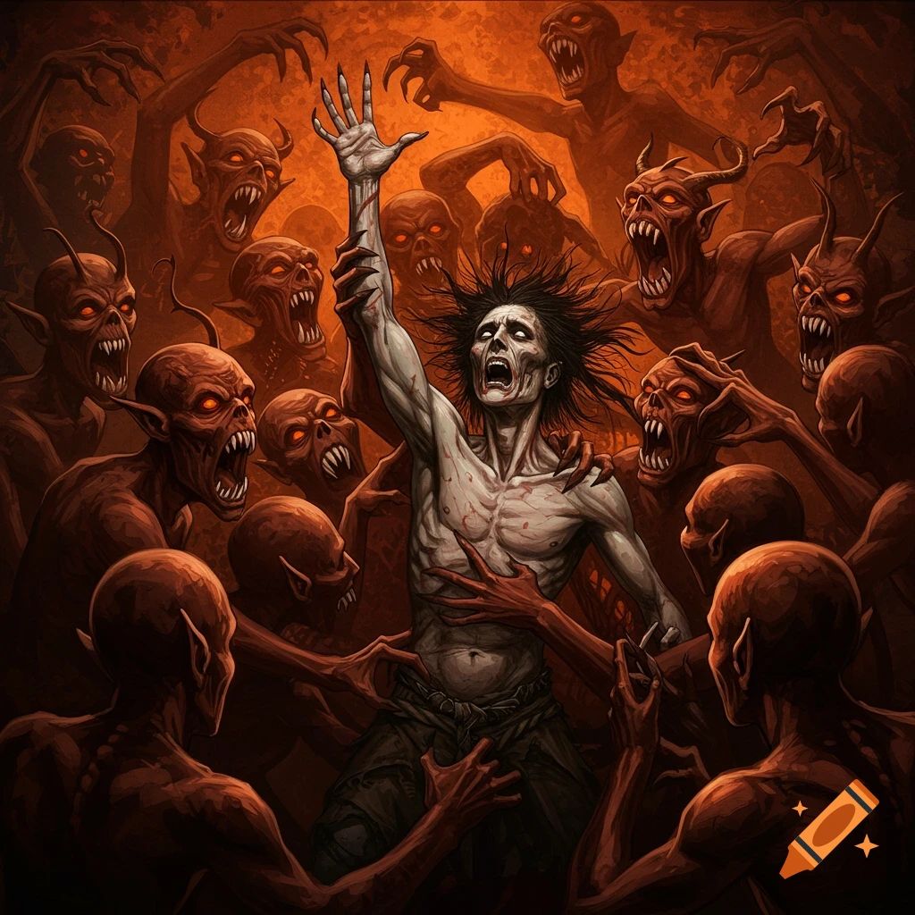 A person reaching up, surrounded by demonic figures grasping at them in a dark, stylized illustration.