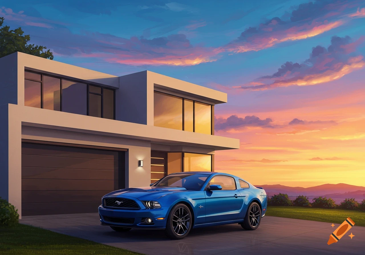Digital painting of a blue Ford Mustang parked outside a modern house at sunset.