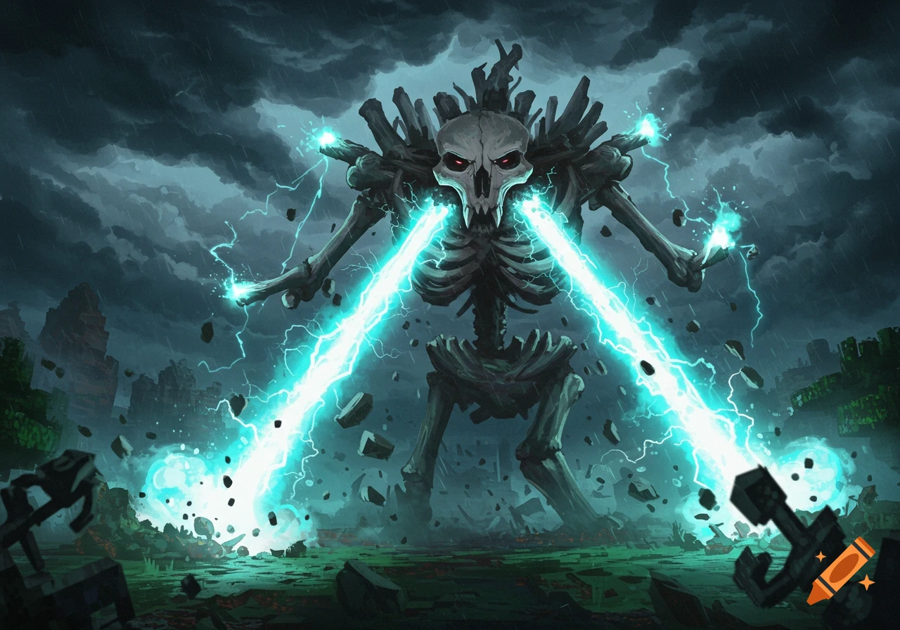 A skeletal monster fires blue energy beams in a ruined city under a stormy sky.