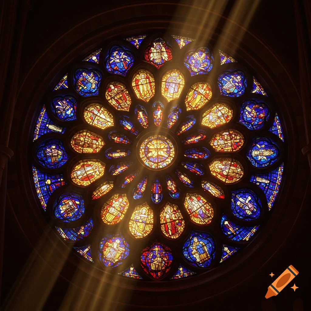 Circular stained glass window with blue and yellow panels lit by rays of light