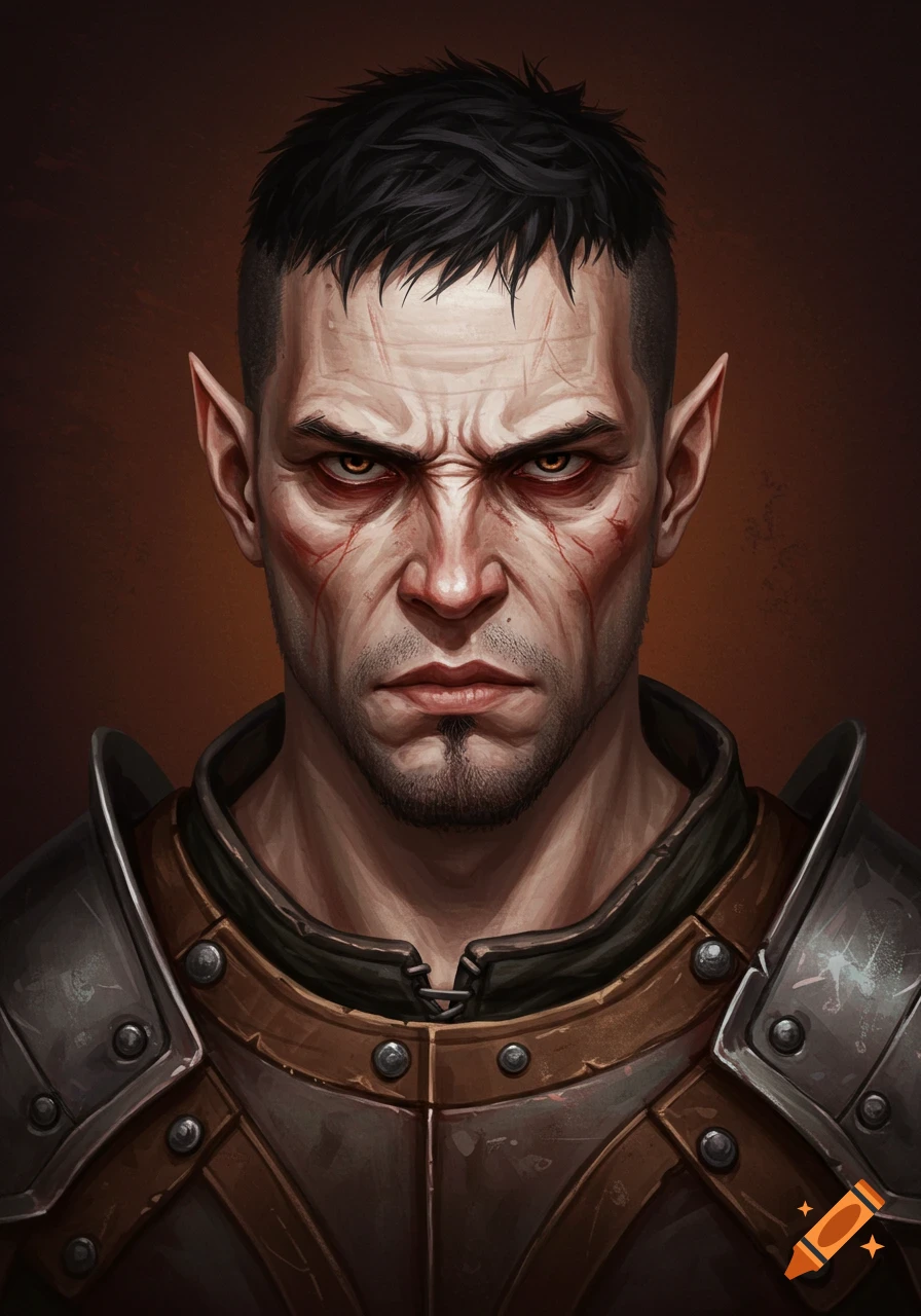 A portrait of a male fantasy character with pointed ears and scars, wearing armor.