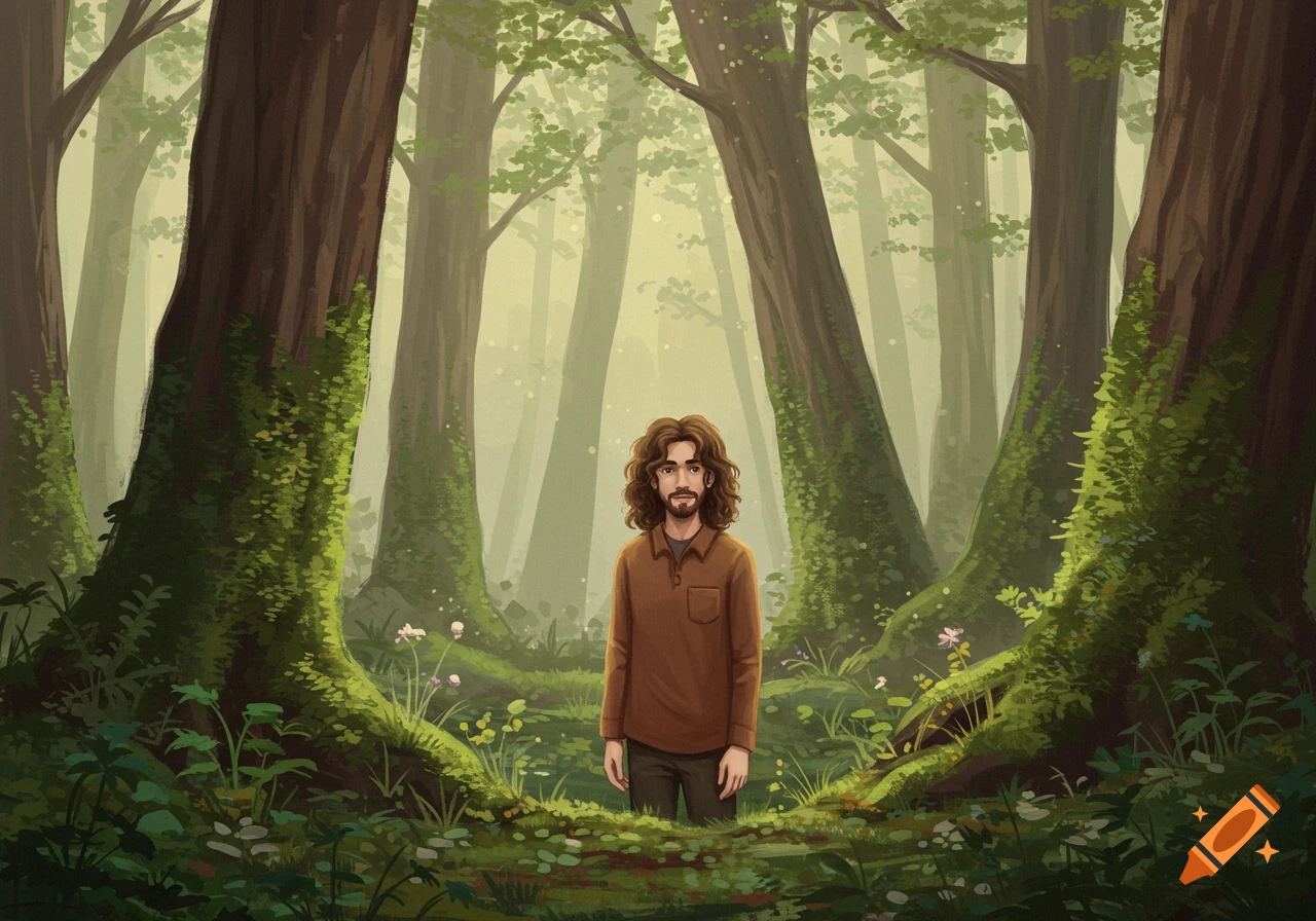 A man with curly hair stands in a misty, mossy forest in a dreamy art style.