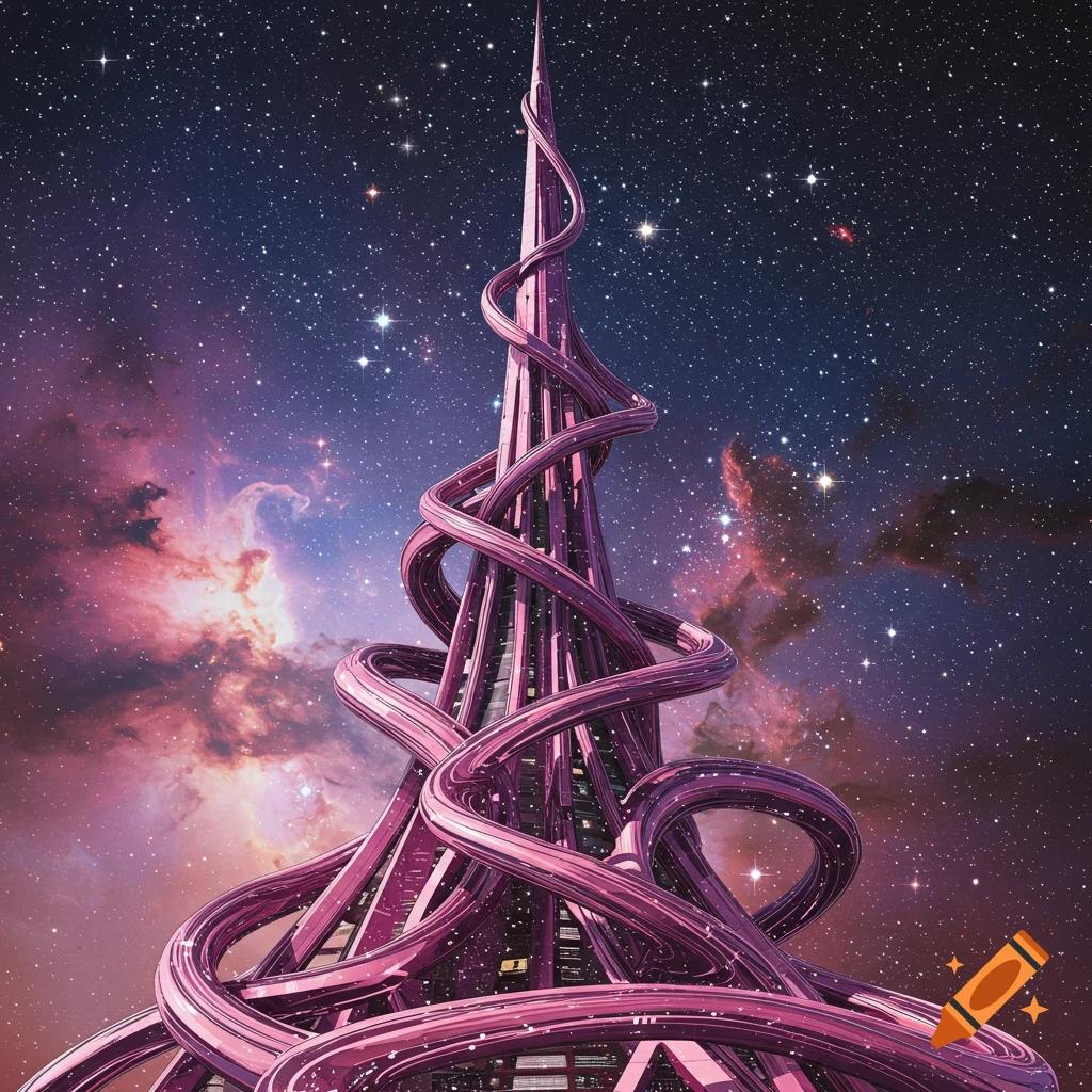 A futuristic building with pink, swirling structures against a starry cosmic background.
