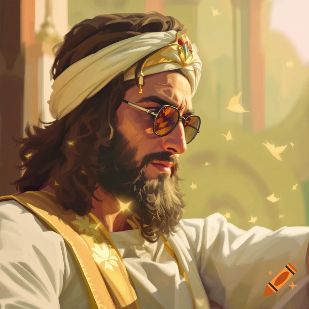 Illustration of a man in a turban, traditional robe, and sunglasses