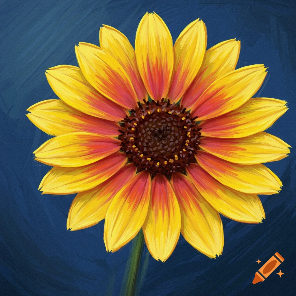 Close-up of a yellow and red flower against a blue background in an oil pastel style.