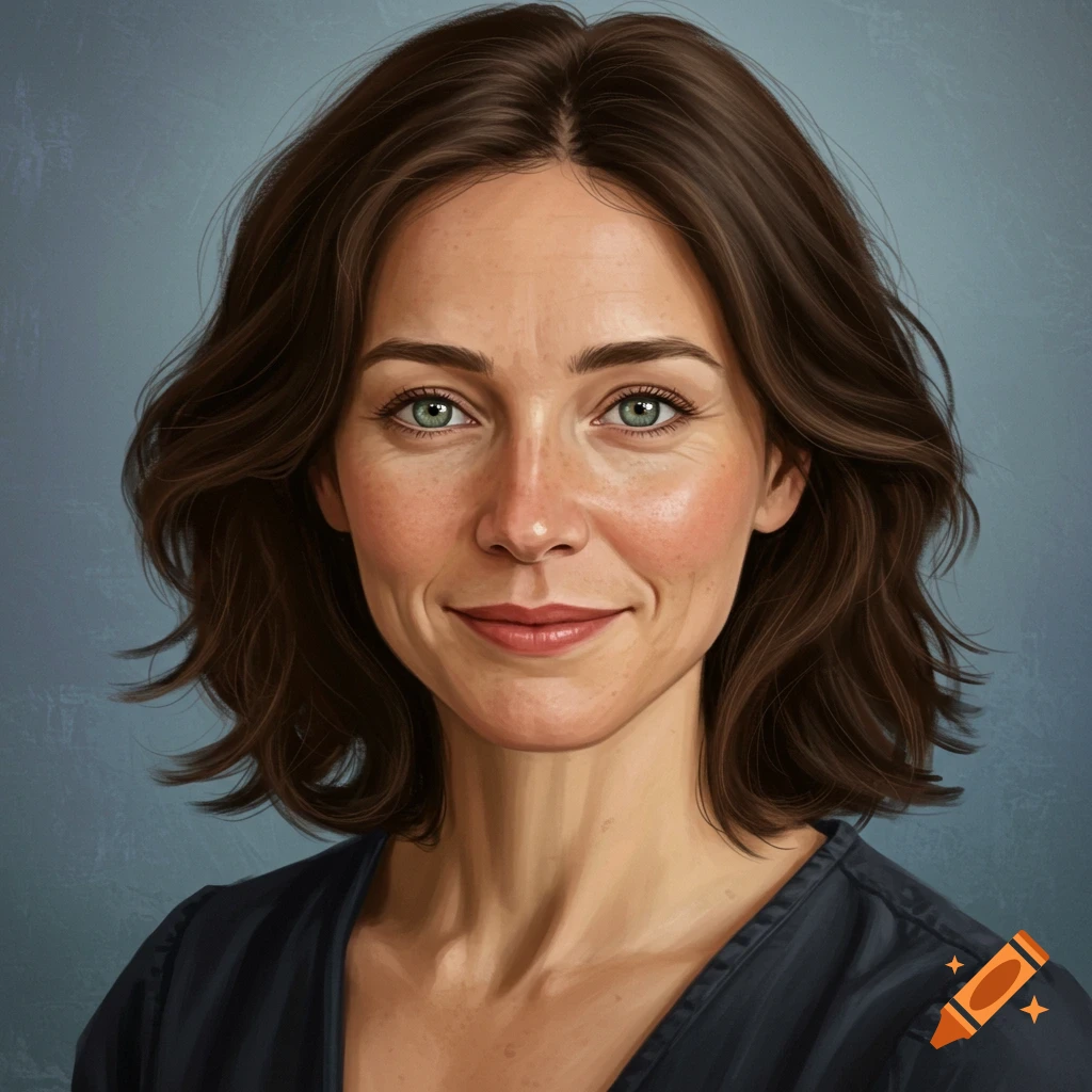 Portrait of a woman with brown hair and green eyes.