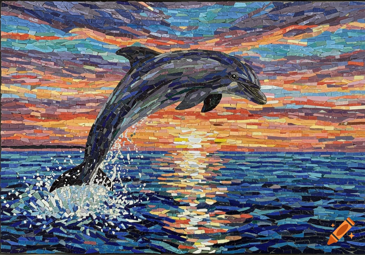 Mosaic of a dolphin jumping out of the ocean at sunset.
