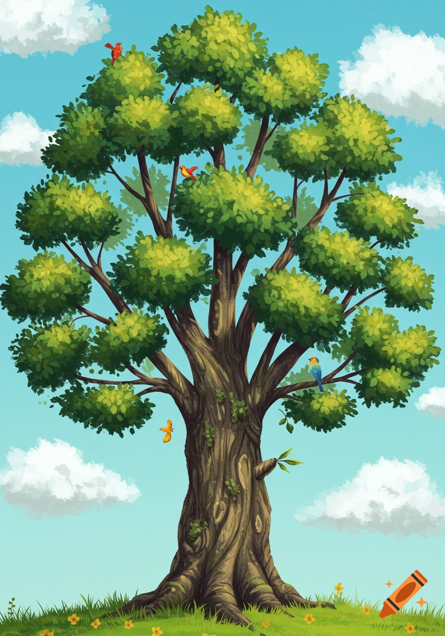 Illustrative painting of a large tree with birds and flowers under a blue sky with clouds.