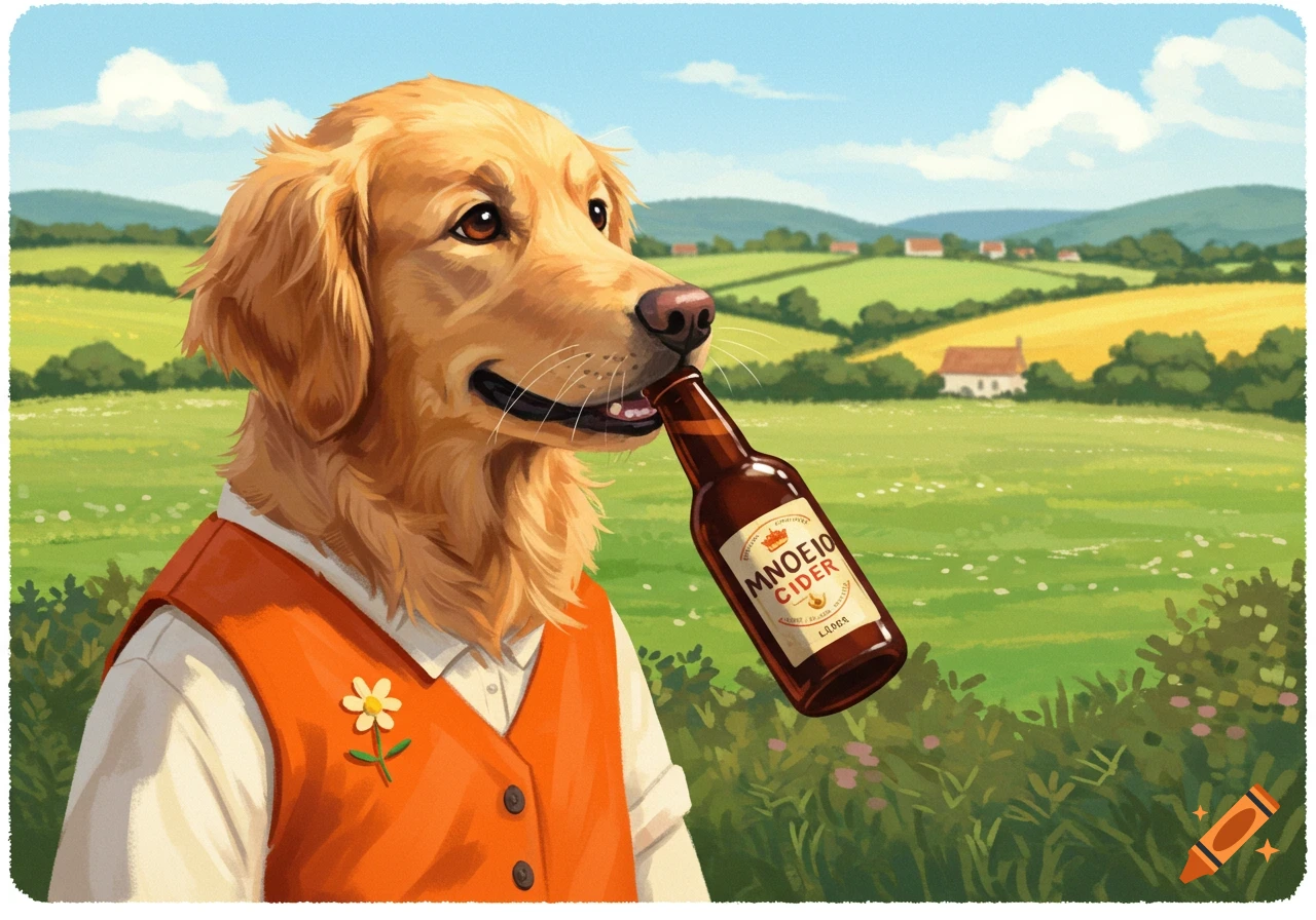 A golden retriever dog in an orange vest holds a bottle in its mouth in a grassy landscape. Illustration.
