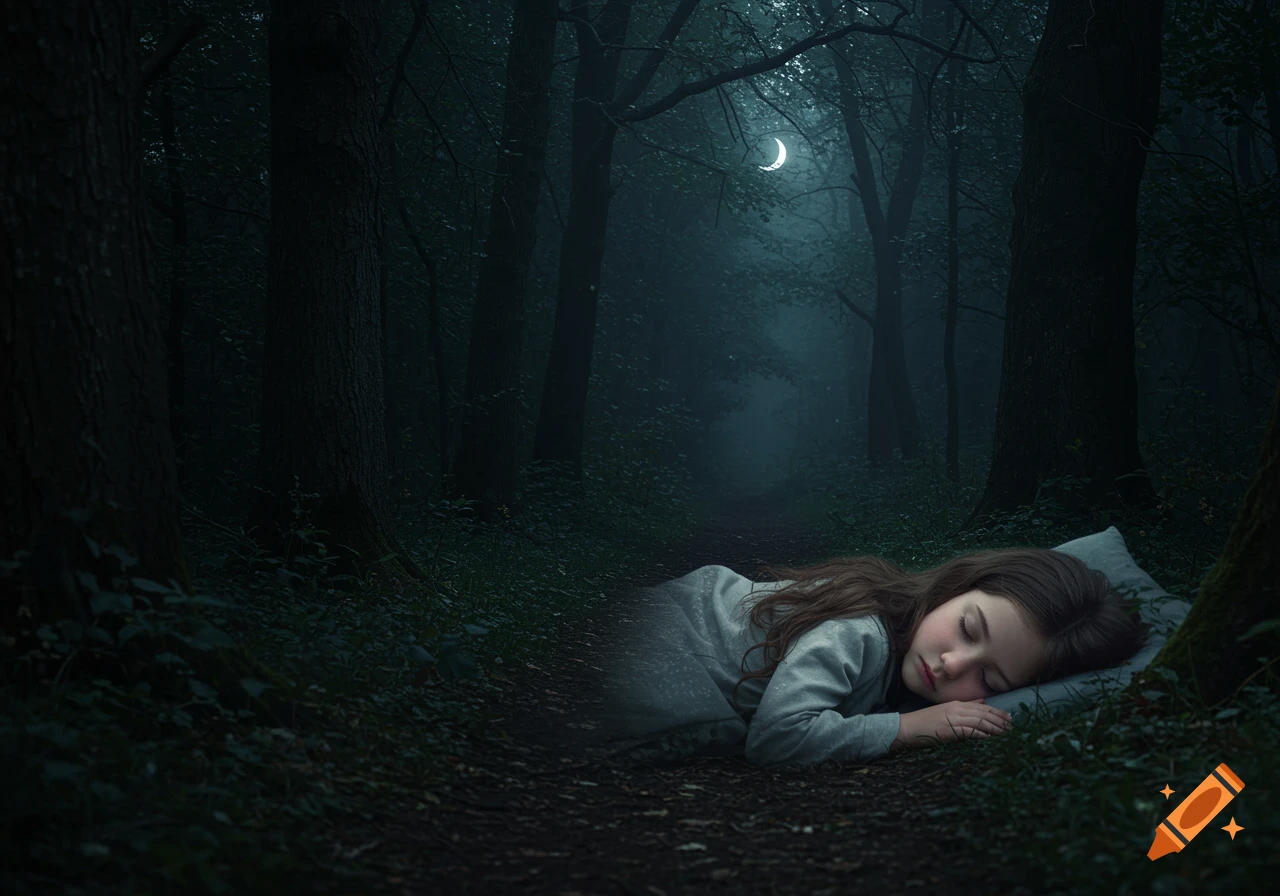 Girl sleeping on the ground in a dark forest with moonlight
