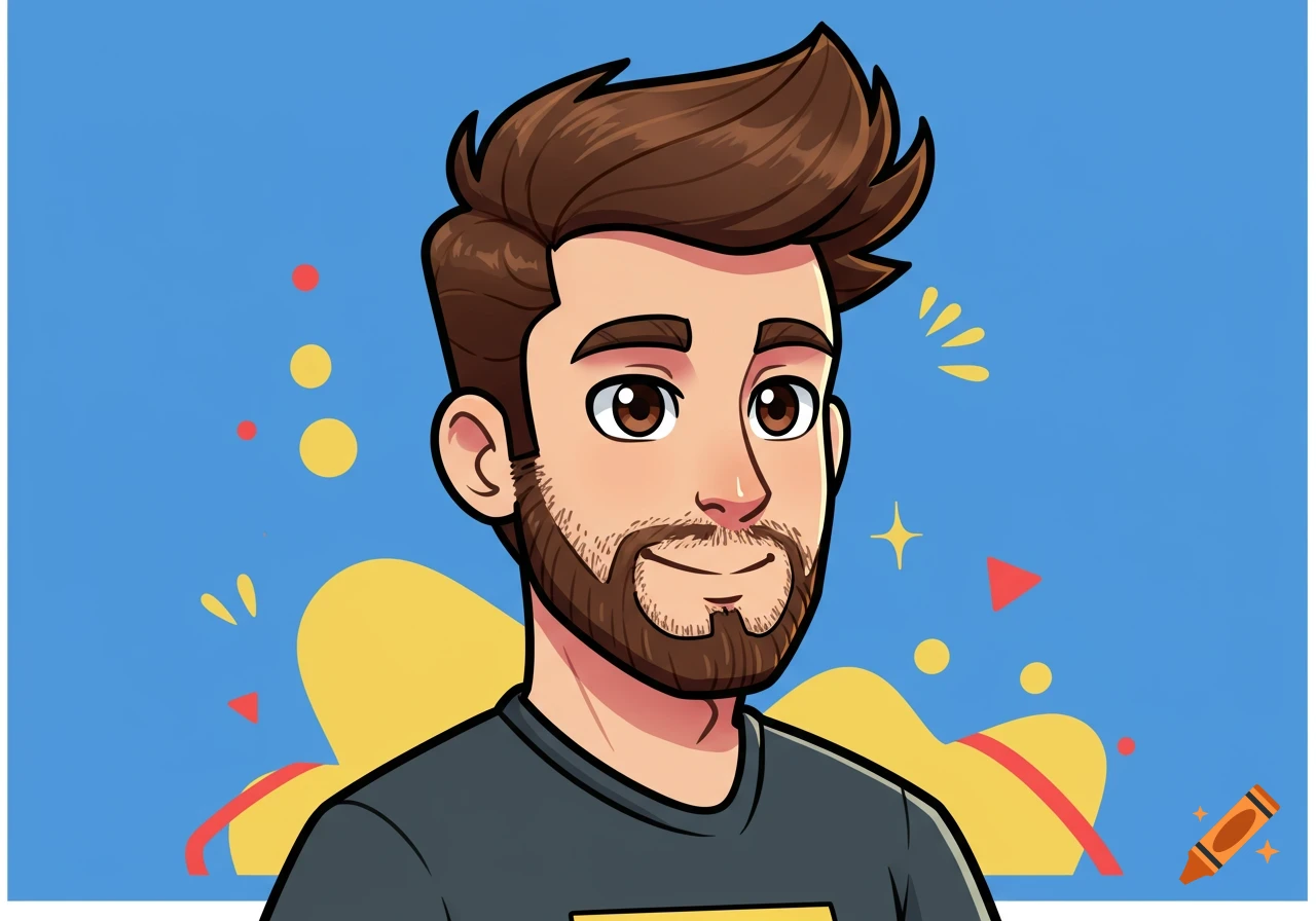 Cartoony portrait of a man with brown hair and beard against a blue background with yellow and red shapes.