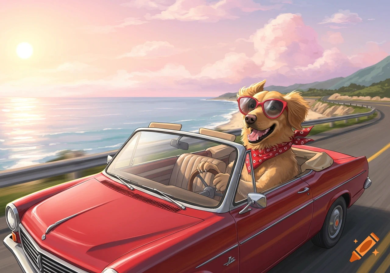A happy golden retriever wearing sunglasses is driving a red convertible along a coastal road at sunset.