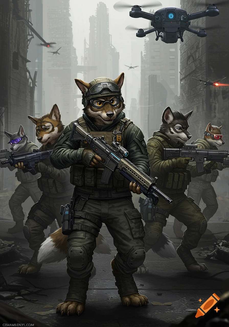 A furry paramilitary team holding rifles in a destroyed city with drones.