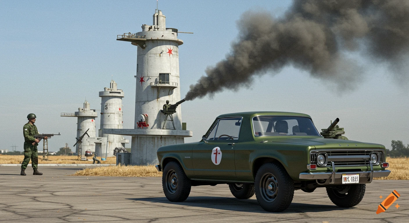 Photorealistic image of a military truck with a cannon on its hood, parked near concrete towers with cannons. A soldier with a rifle stands nearby.