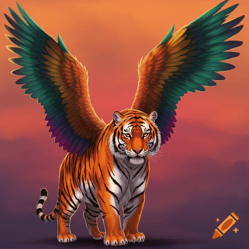 Digital painting of a tiger with large colorful wings against a sunset background.