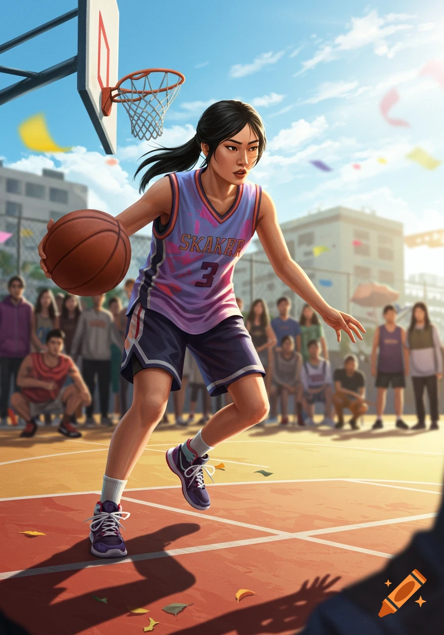 A woman is playing basketball on an outdoor court.