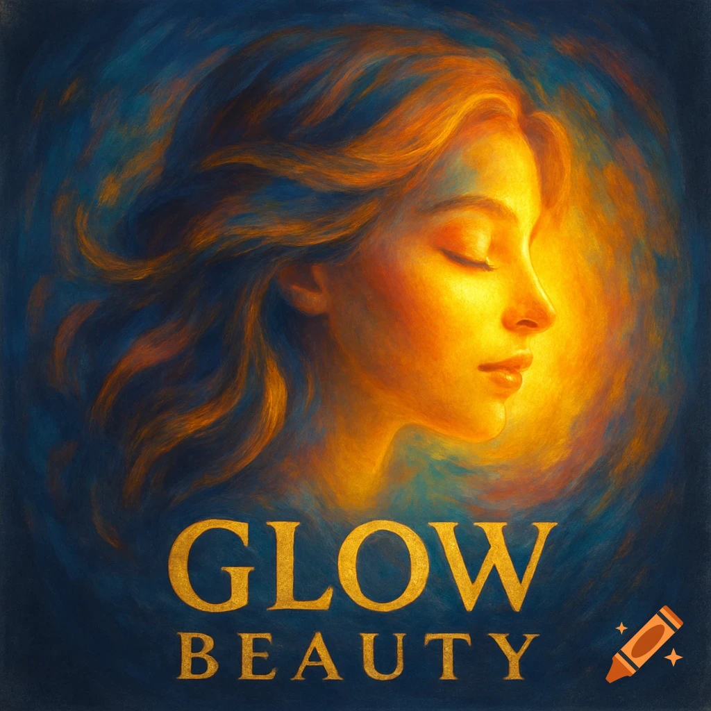 A woman's profile portrait in warm light with the words GLOW BEAUTY below.