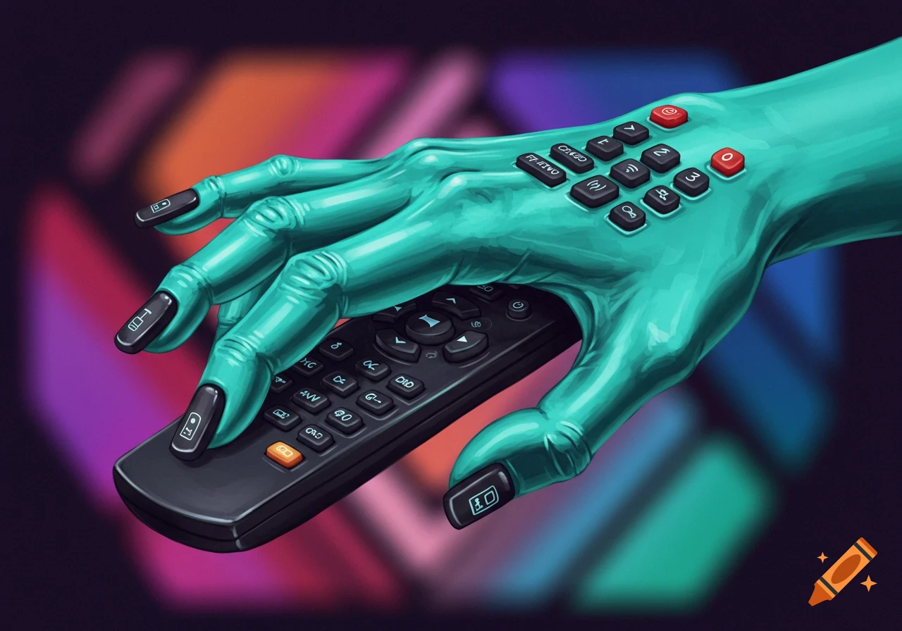 Illustration of a turquoise hand with black nails holding a remote control against a colorful background.