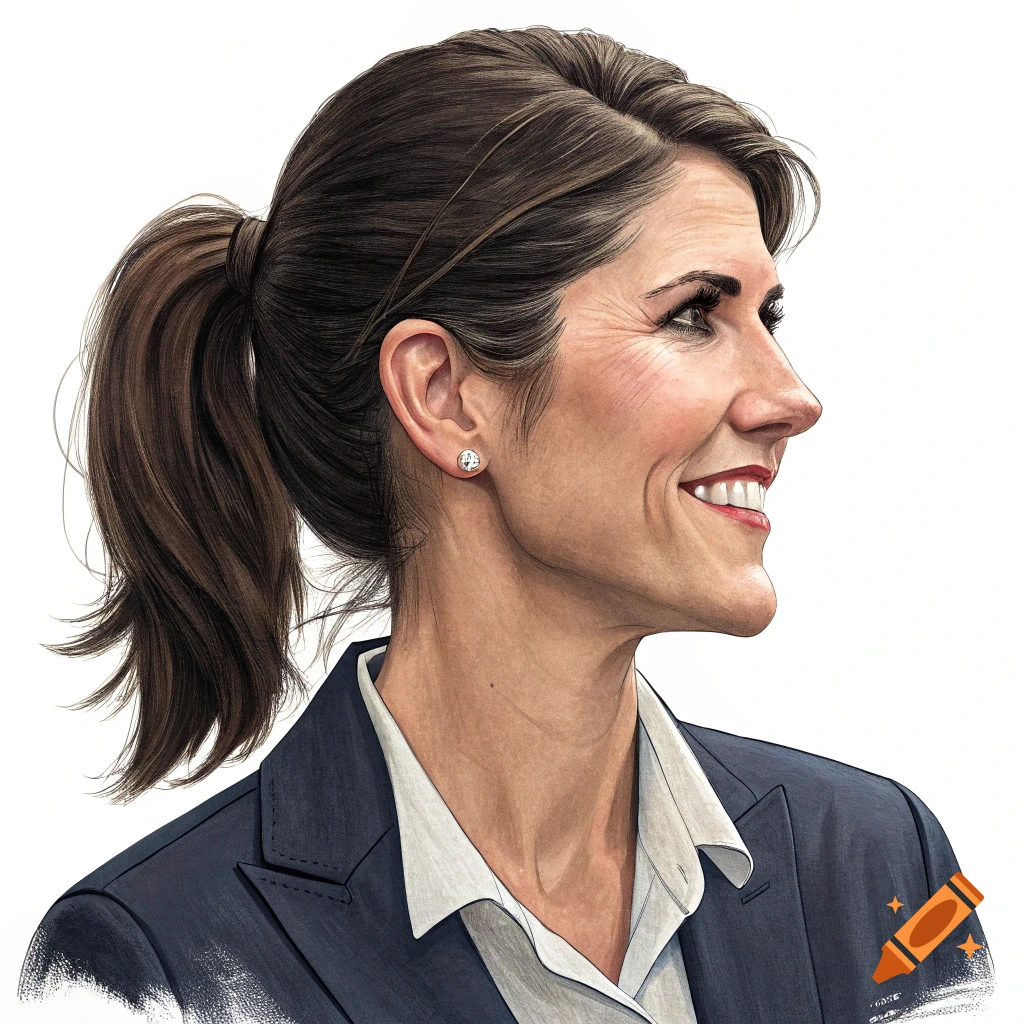 Illustration of a woman with a ponytail wearing a suit jacket, seen in profile.