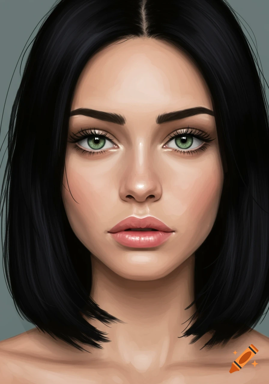 Portrait of a woman with black hair and green eyes.
