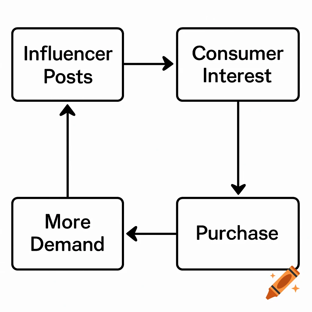 A simple flowchart showing a cycle: Influencer Posts leads to Consumer Interest, which leads to Purchase, which leads to More Demand, which leads back to Influencer Posts.
