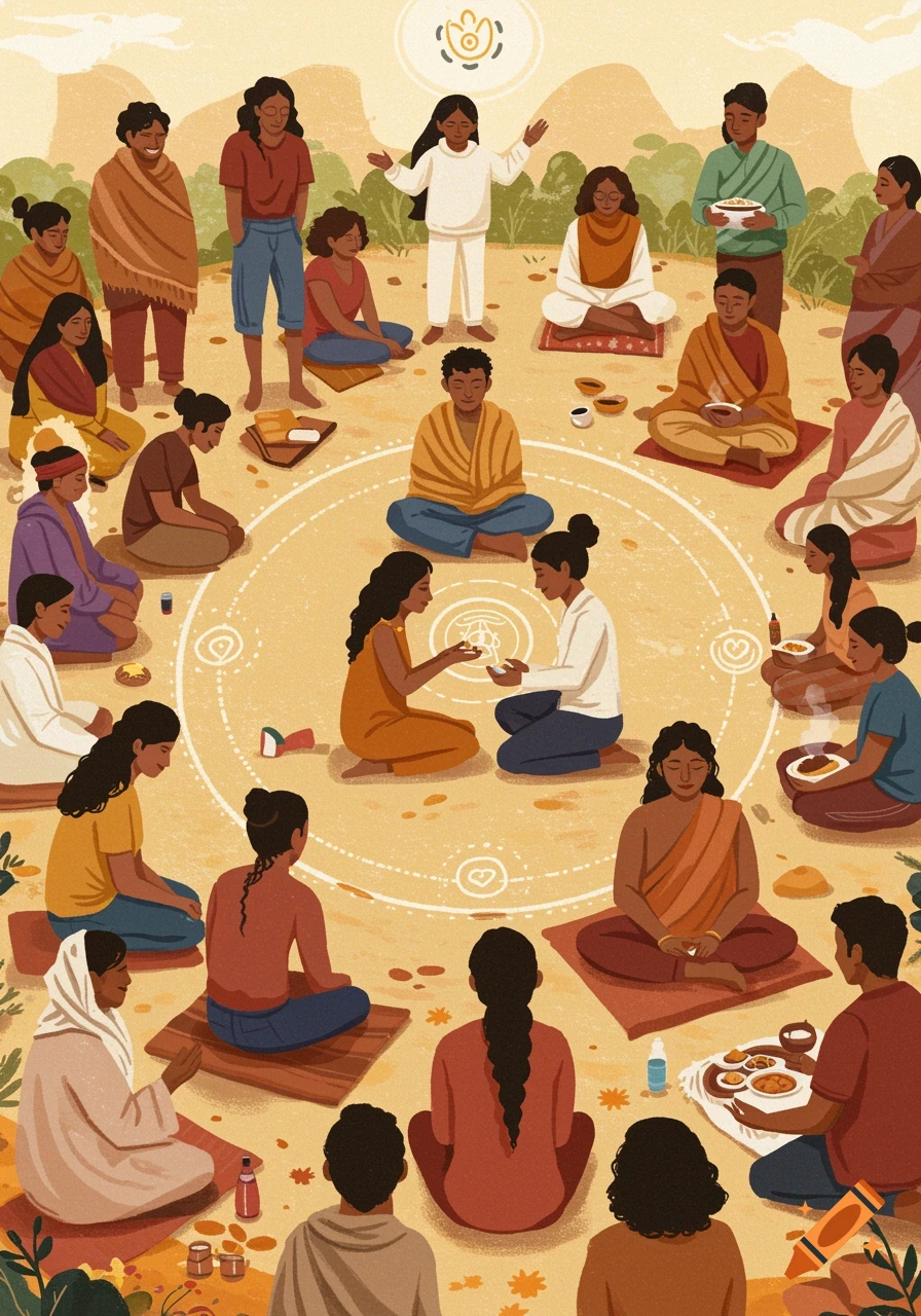 Illustration of a large group of people sitting in a circle outdoors, some eating, some in a ritual, mountains in background.