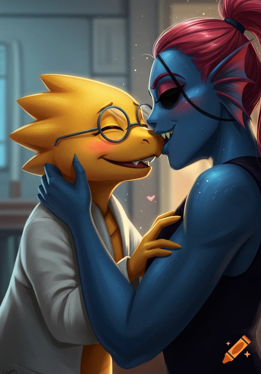 Alphys and Undyne from Undertale kissing
