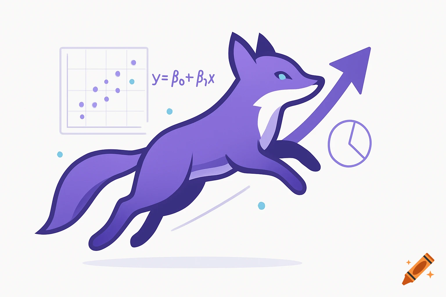 A minimalist purple fox mascot leaps over statistical graphics in a vector illustration style.