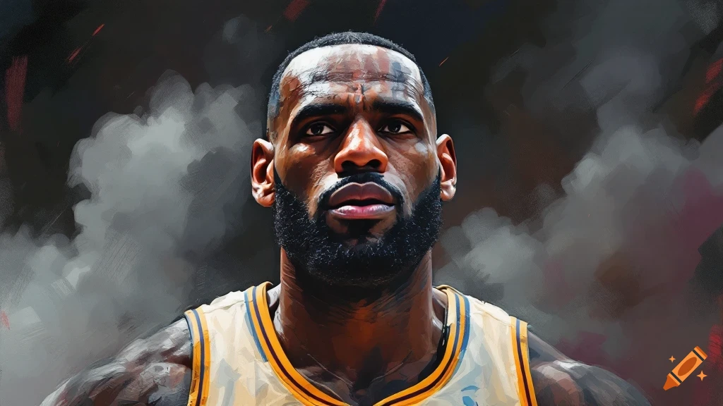 Portrait of Lebron James in a stylized, painterly fashion with a smoky background.