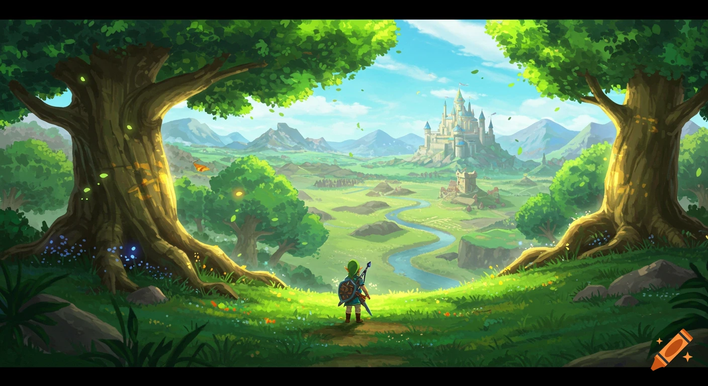 Digital painting of a figure in a green tunic overlooking a vast green valley with a river winding towards a castle in the distance, framed by two large trees.