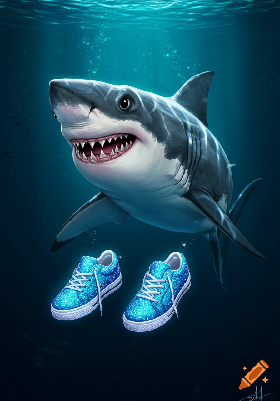 Digital painting of a smiling cartoon shark underwater looking at two floating bright blue glitter shoes.