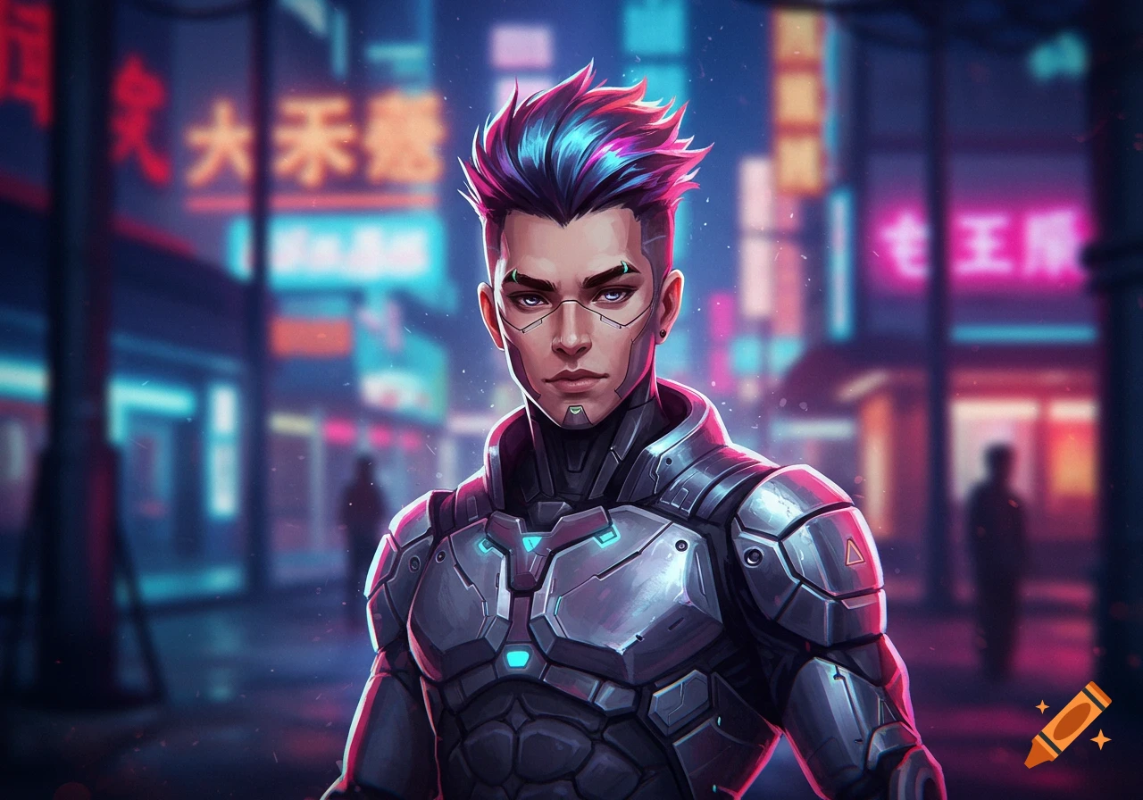 Digital painting of a male character in futuristic armor in a cyberpunk city street at night.