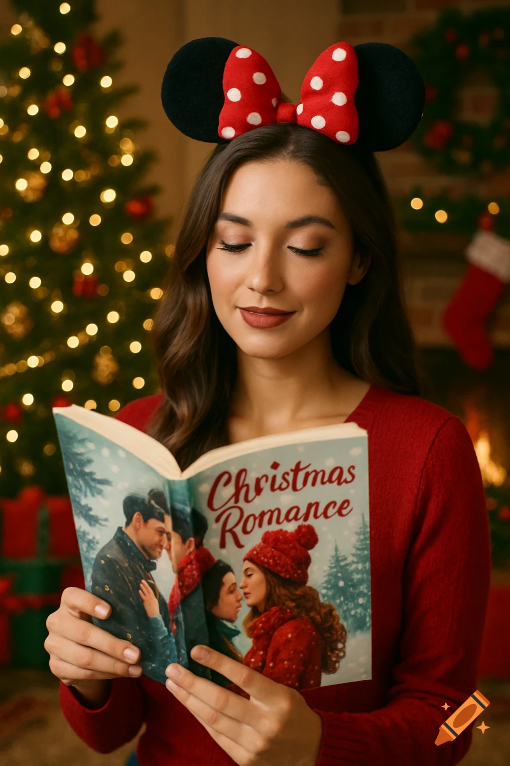 Woman in Minnie Mouse ears reads 'Christmas Romance' book by Christmas tree & fireplace, photorealistic.