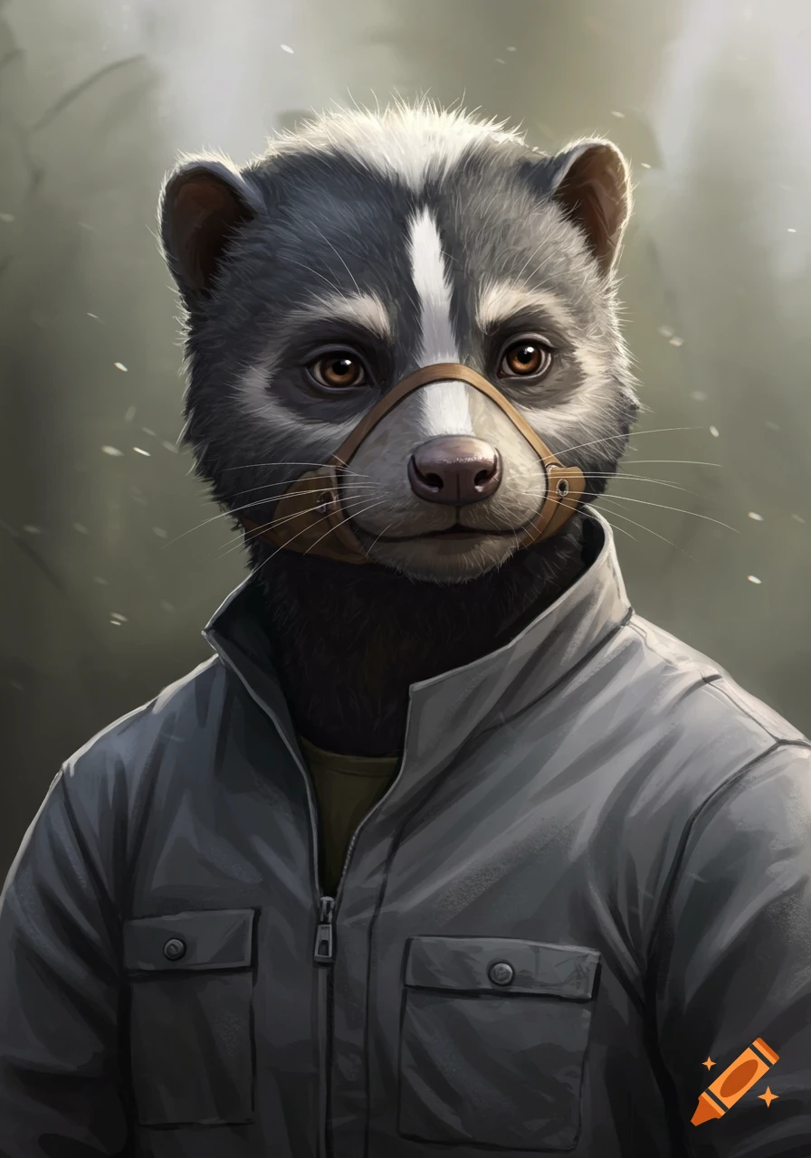 Realistic depiction of an anthropomorphic badger or skunk wearing a gray jacket and muzzle.