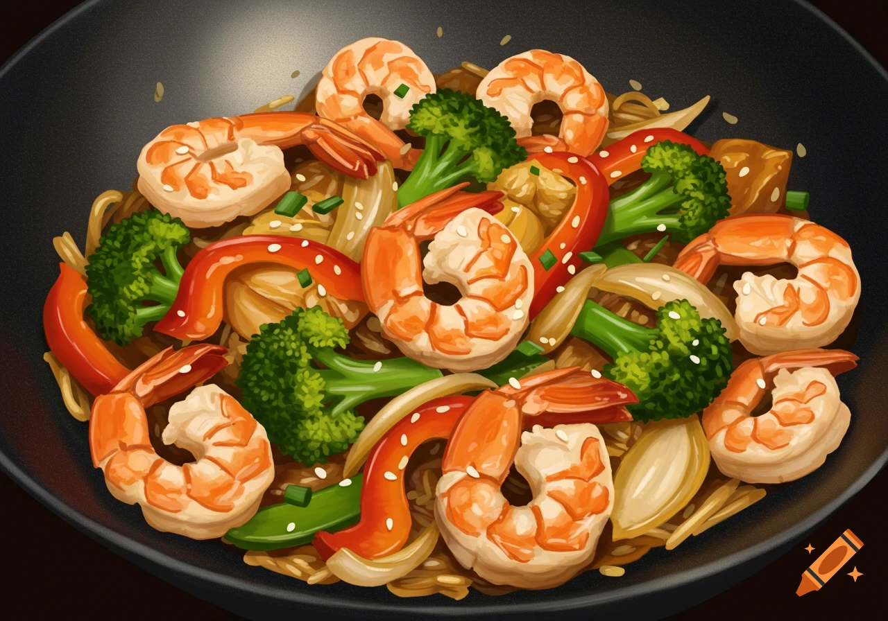 A prawn stir fry with shrimp, broccoli, peppers, and noodles in a wok.