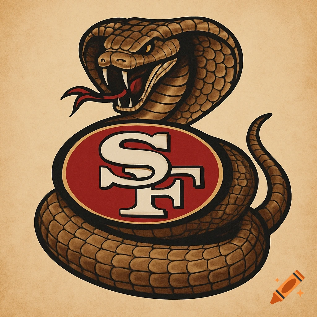 A cobra snake coiled around the San Francisco 49ers logo in a stylized illustration.