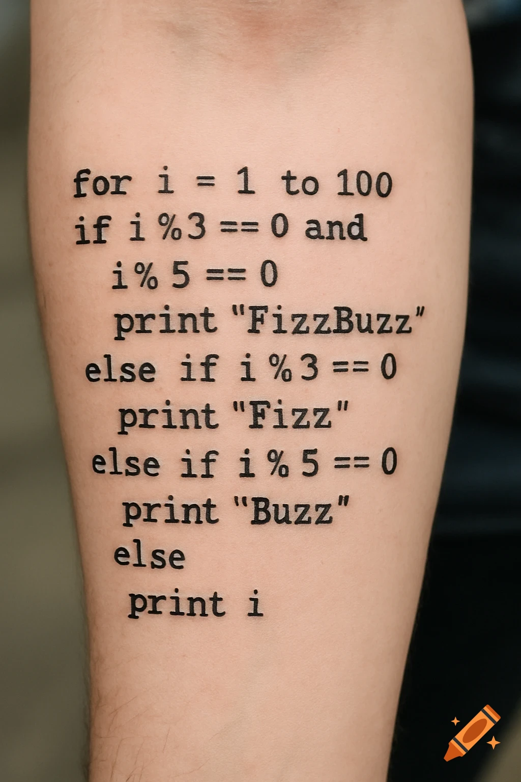 A tattoo of FizzBuzz programming code on a person's arm.