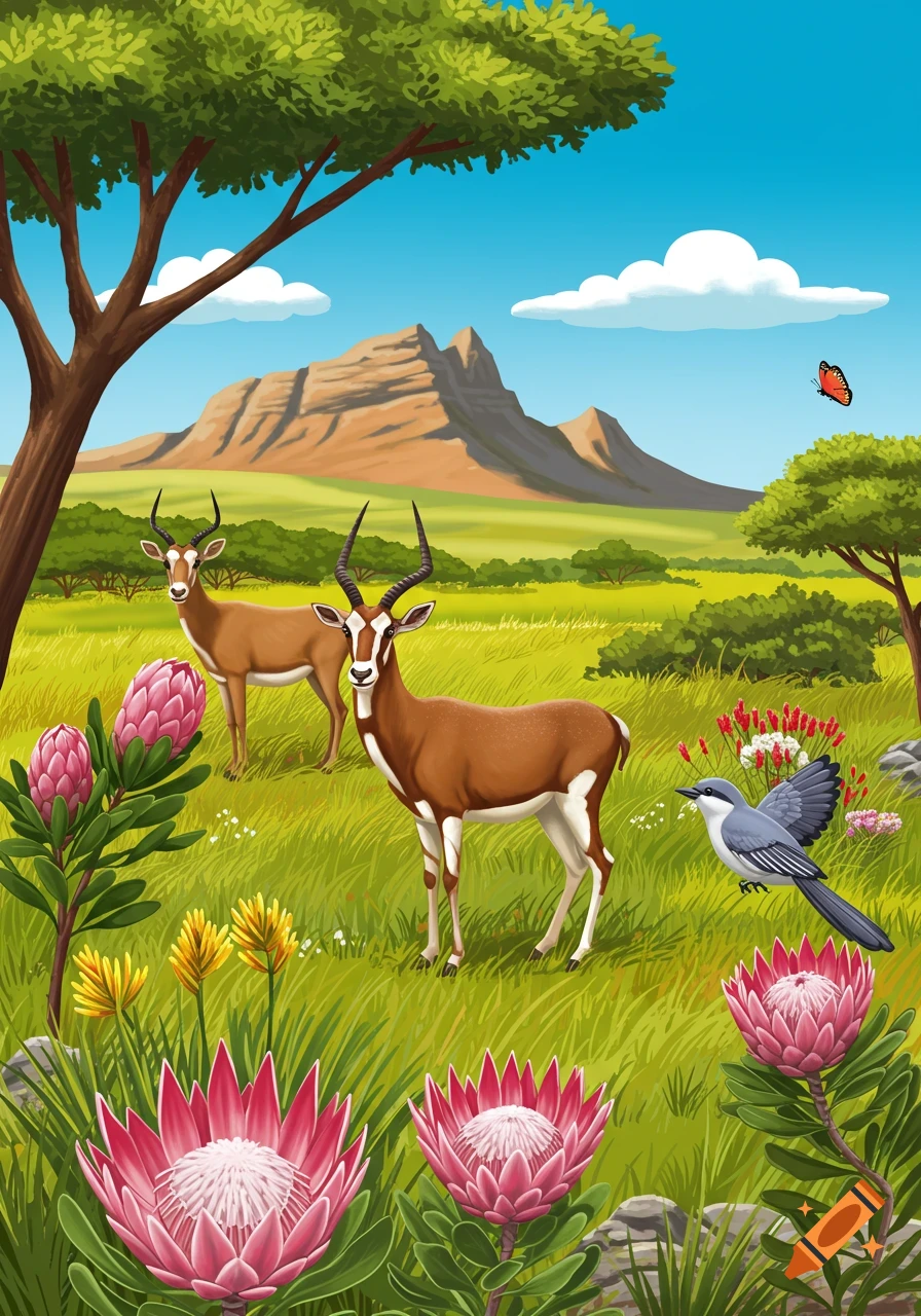 Clipart illustration of two gazelles, a bird, and protea flowers in a South African landscape with a mountain.