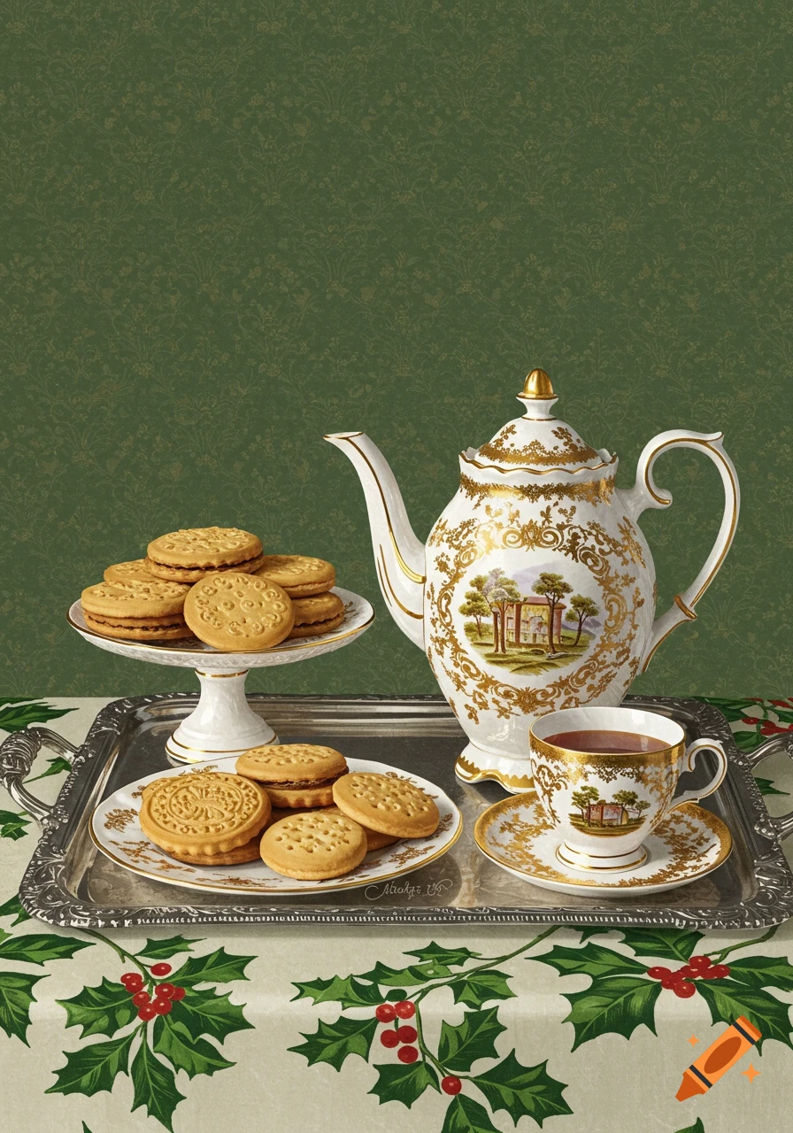 Still life illustration of a tea set and biscuits on a tray with holly tablecloth.