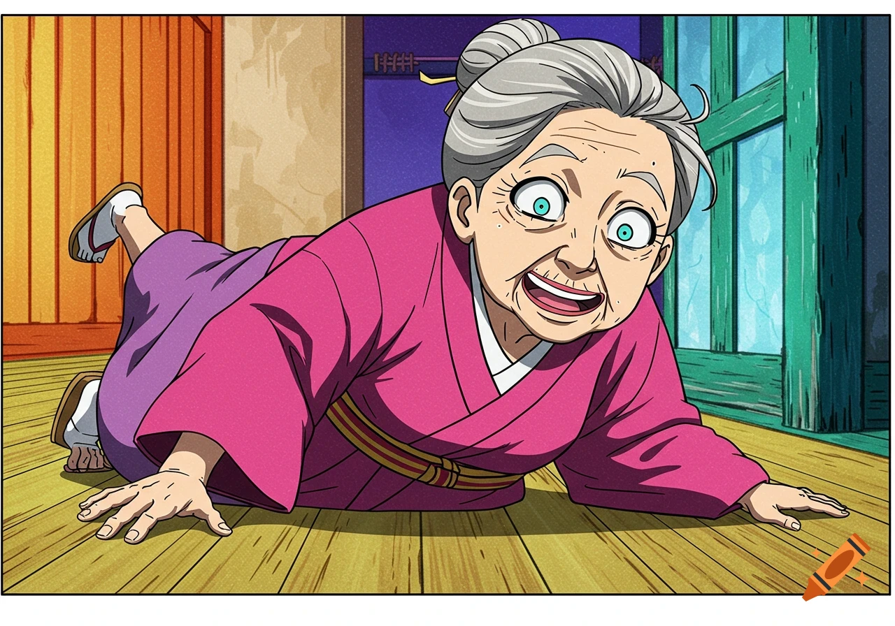 Anime drawing of an old woman in a pink kimono crawling on the floor with a shocked expression.