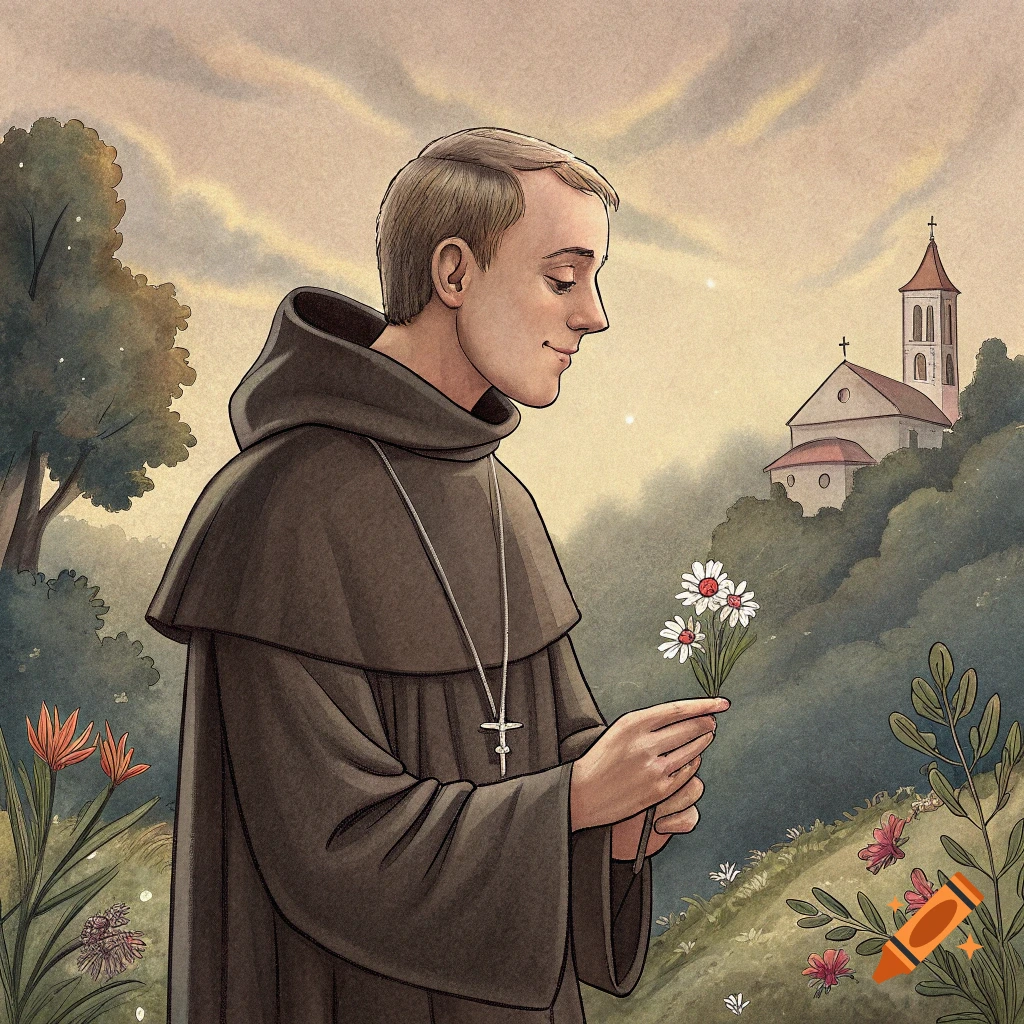 Illustration of a monk in a field holding flowers, with a church on a hill in the background.
