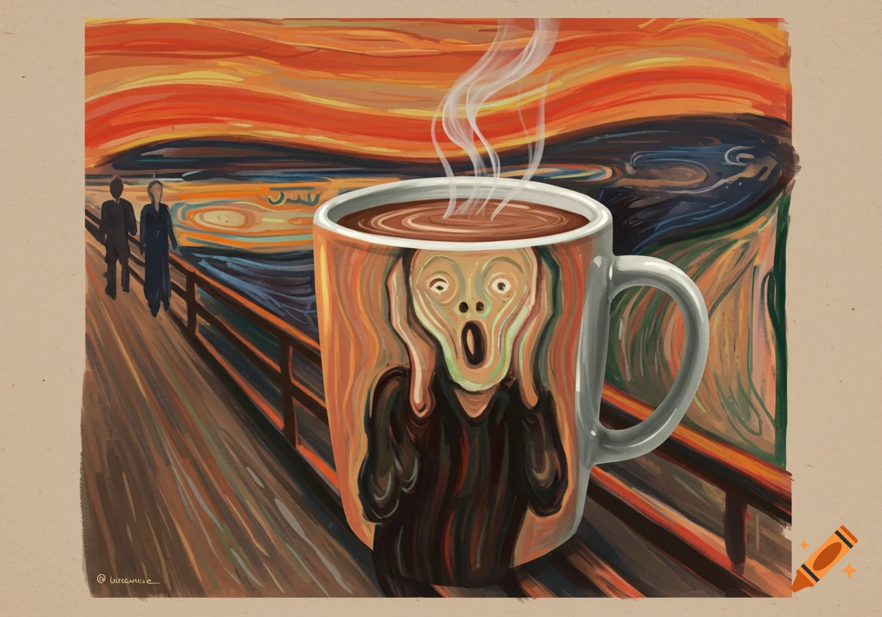 A coffee mug featuring The Scream painting, placed within the scene of The Scream painting's bridge.