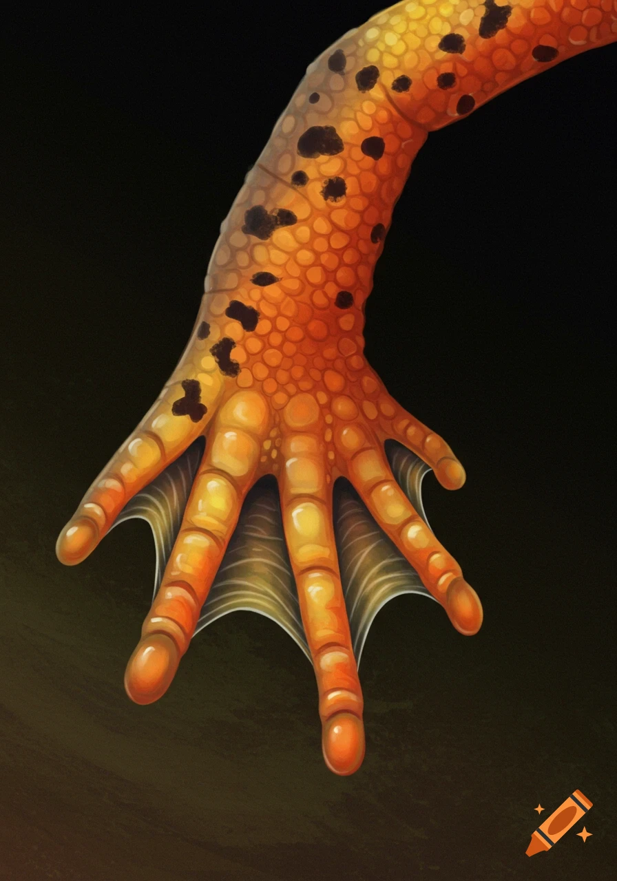Close-up of a newt's foot showing webbed toes and textured orange skin with black spots.