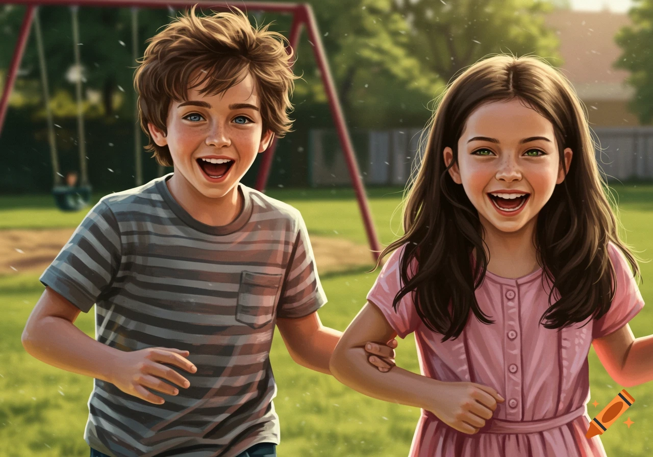 A boy and girl are running and smiling in a sunny playground.