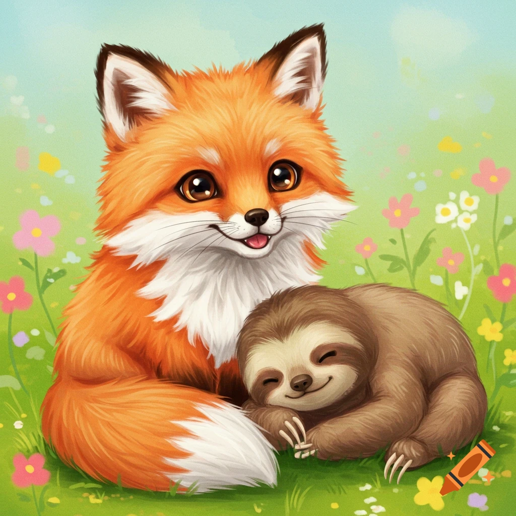 A cute cartoon fox and sloth sitting together in a field of flowers.
