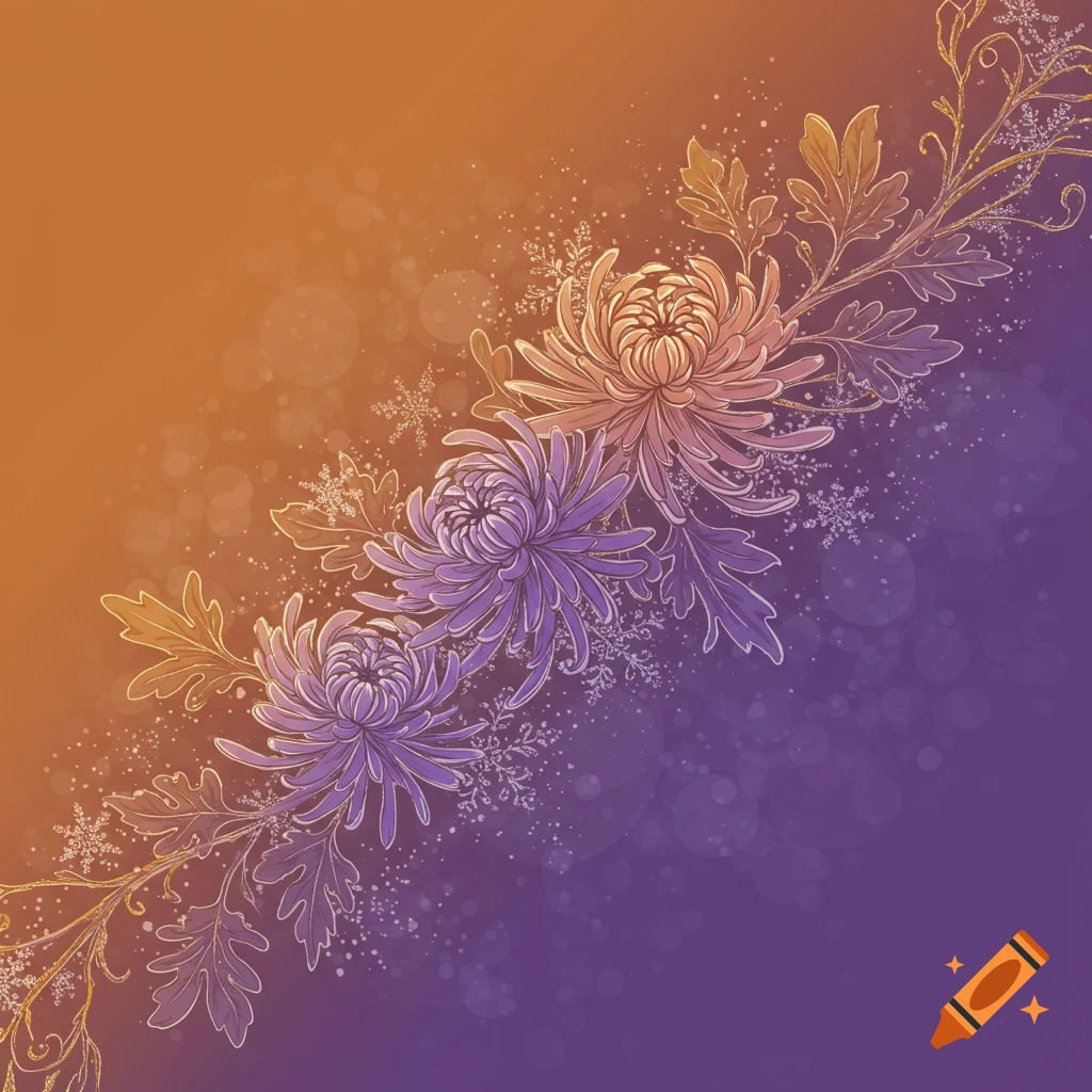 Stylized image of purple and orange chrysanthemums with snowy branches on a gradient orange and purple background.