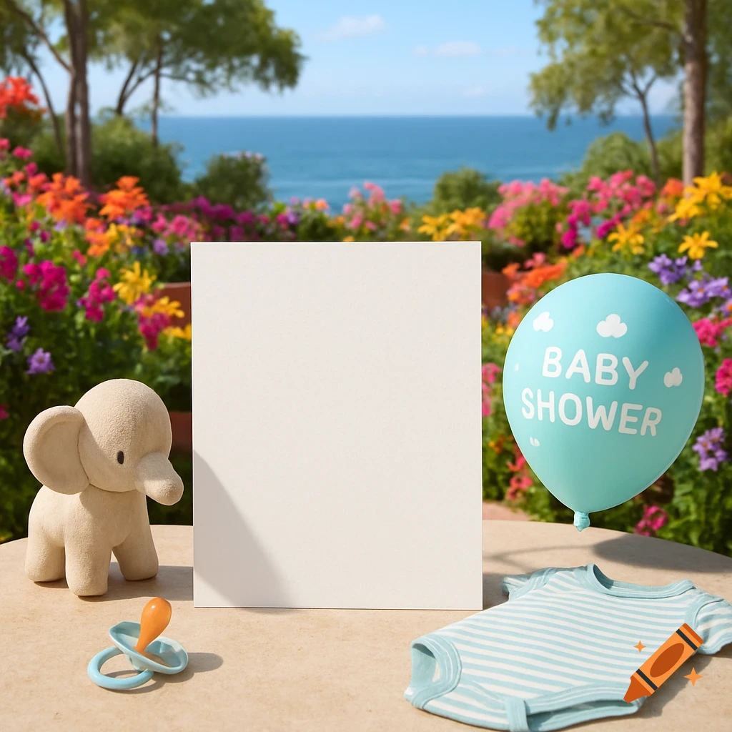 Baby shower mockup with blank paper, toy elephant, pacifier, onesie, and balloon on an outdoor patio table.